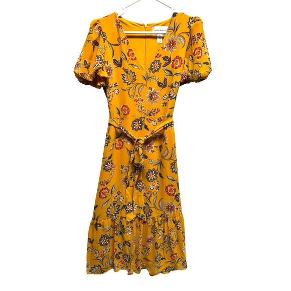 Donna Morgan Yellow Floral Puff Sleeve Midi Dress Size 6 - Picture 1 of 11